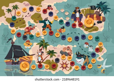 Pirate board game. Cute adventure attraction and education cardboard dice game with island in the ocean, pirates treasures and road. Vector illustration of game pirate map board