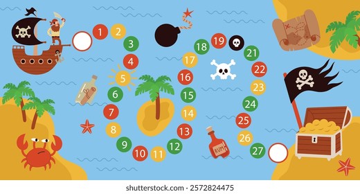 Pirate board game template,map,treasure island,pirate ship.Kids advanture game.Cartoon flat vector illustration