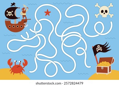 Pirate board game template,map,treasure island,pirate ship.Kids advanture game.Cartoon flat vector illustration