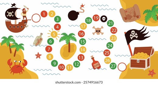 Pirate board game template,map,treasure island,pirate ship.Kids advanture game.Cartoon flat vector illustration