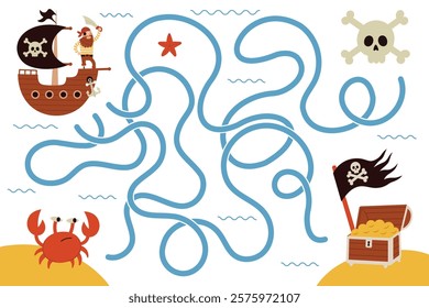 Pirate board game template,map,treasure island,pirate ship.Kids advanture game.Cartoon flat vector illustration