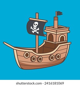 Pirate Boat in blue background. Vector illustration in cartoon design