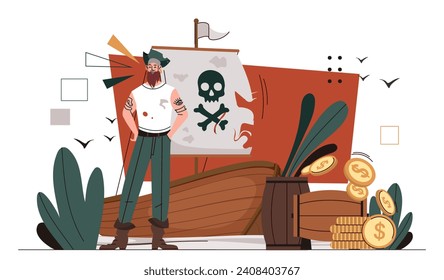 Pirate mit Boot-Konzept. Mann nahe Schiff mit Flagge. Nautischer Reisender und Abenteurer. Meer und Ozean reisen. Guy auf der Suche nach Schätzen und Brust mit Goldmünzen. Cartoon-Flavektor-Vektorgrafik