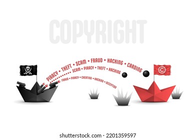 Pirate boat copyright intellectual property metaphor concept. technology copyright