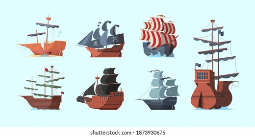 Pirate boat. Old marine vessels pirate damaged ships with black flag vector set