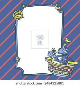 Pirate boat ship with sun and moon summer sea photo template in fun hand drawing doodle style 