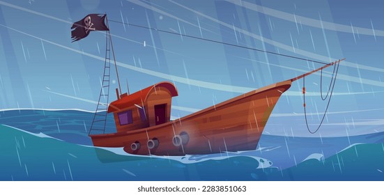 Barco pirata en el fondo náutico vectorial del mar de tormenta. Ola de peligro en el océano tormentoso con la bandera del cráneo negra en la escena del juego de velero. El clima lluvioso tiene un paisaje espectacular de fantasía. Ondas tenebrosas y precipitación