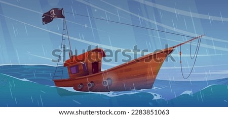 Pirate boat in storm sea vector nautical background. Danger wave in stormy ocean with black skull flag sailboat game scene. Rain weather dramatic fantasy landscape. Scary waves and precipitation