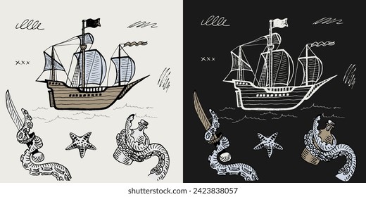 Pirate boat and tentacles sketch vintage retro set