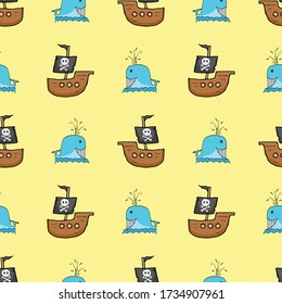Pirate boat and whale Seamless pattern. Cute Doodles pirate sketch. Hand drawn Cartoon Vector illustration.