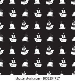 Pirate boat and whale Seamless pattern. Cute Doodles pirate sketch. Hand drawn Cartoon Vector illustration.