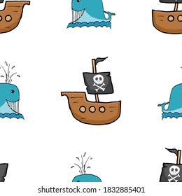 Pirate boat and whale Seamless pattern. Cute Doodles pirate sketch. Hand drawn Cartoon Vector illustration.