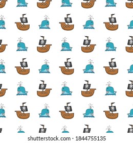 Pirate boat and whale Seamless pattern. Cute Doodles pirate sketch. Hand drawn Cartoon Vector illustration.
