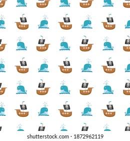 Pirate boat and whale Seamless pattern. Cute Doodles pirate sketch. Hand drawn Cartoon Vector illustration.