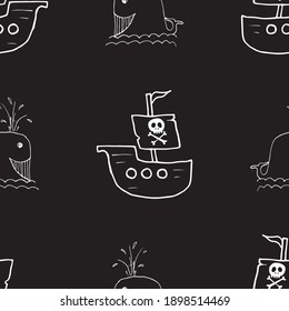 Pirate boat and whale Seamless pattern. Cute Doodles pirate sketch. Hand drawn Cartoon Vector illustration.