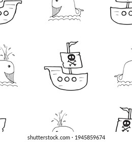 Pirate boat and whale Seamless pattern. Cute Doodles pirate sketch. Hand drawn Cartoon Vector illustration.
