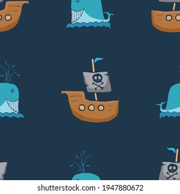 Pirate boat and whale Seamless pattern. Cute Doodles pirate sketch. Hand drawn Cartoon Vector illustration.