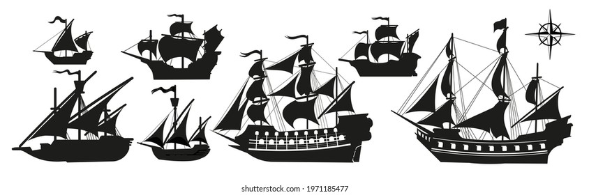 Pirate boats and Old different Wooden Ships with Fluttering Flags. Vector Set Old shipping sails traditional vessel pirate symbols garish vector illustrations.Black silhouettes collection set
