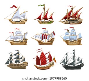 Pirate boats and Old different Wooden Ships with Fluttering Flags Vector Set Old shipping sails traditional vessel pirate symbols garish vector illustrations collection set