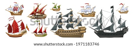 Pirate boats and Old different Wooden Ships with Fluttering Flags Vector Set Old shipping sails traditional vessel pirate symbols garish vector illustrations collection set
