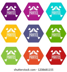 Pirate bone icons 9 set coloful isolated on white for web