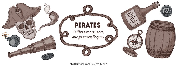 Pirate border. Hand drawn cartoon style vector. Old sea map template with nautical elements. Ideal for pirate party invitations, labels, and design projects.