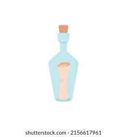 Pirate bottle with a map on a white background, vector flat illustration. A scroll, a map inside a glass bottle. A treasure map in a bottle