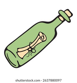 Pirate bottle with a note inside. Simple hand drawn vector doodle illustration isolated on white background for print, icon, sticker