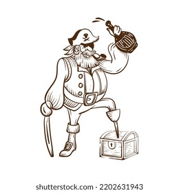 Pirata con una botella de ron lineal.