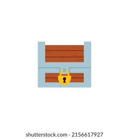 Pirate box or chest with treasure, flat vector illustration isolated on white background. Cartoon childish element of pirates adventure. Closed wooden box with padlock.