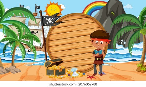 Pirate boy at the beach daytime scene with an empty wooden banner template illustration