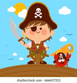 Pirate boy captain sailing on a pirate ship. Vector illustration