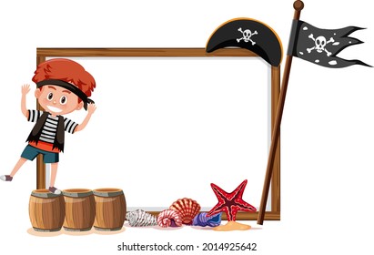 A pirate boy cartoon character with blank banner template illustration