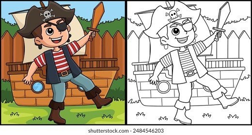 Pirate Boy Coloring Page Colored Illustration