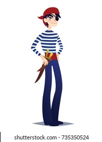 Pirate boy with dagger. Cute young man in style of Sea Corsair in red bandana and belt with weapon going for Costume party. Vector illustration in cartoon style on white background. Buccaneer.