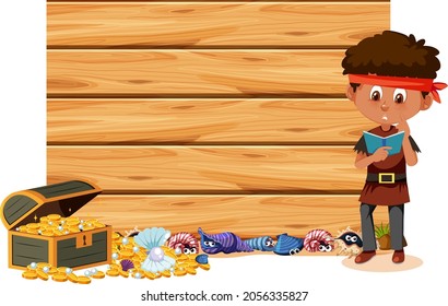 A pirate boy with an empty banner isolated on white background illustration