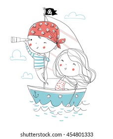 Pirate boy and girl in boat to sea