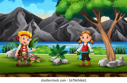 Pirate boy and girl in the nature background
