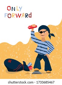 A pirate boy has found treasures and is holding a crystal in his hands. In a travel bag are coins and diamonds. Vector flat cartoon illustration. Travel and adventure concept, design of baby products.