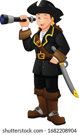 pirate boy holding binoculars on a white background