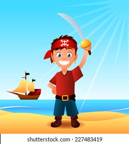 Pirate boy landing with sword cartoon illustration.