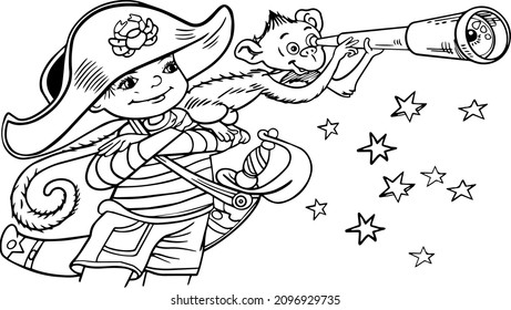 A pirate boy with a monkey and a spyglass.For postcards, design and coloring.Vector illustration drawn by hand