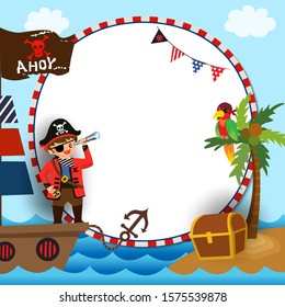 Pirate boy on ship and parrot with frame.