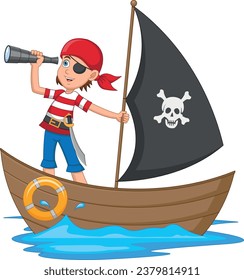 pirate boy on a wooden ship and Using binoculars cartoon