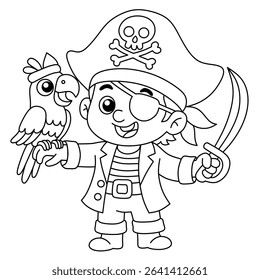 Pirate boy with parrot friend laughing funny.Pirate cartoon illustration for children's coloring book