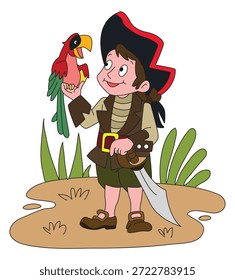 Niño pirata con una Ilustración vectorial de loro