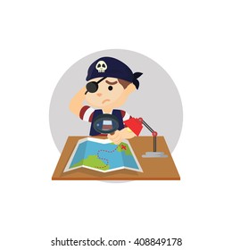 Pirate boy searching for treasure in map