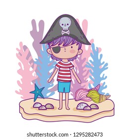pirate boy with seaweed plants and starfish