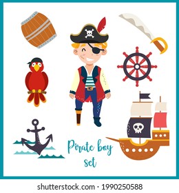 Pirate boy set with ship, sword, parrot and adventure icons