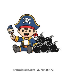 A pirate boy sitting next to a pile of solid black bombs. He is holding a paintbrush and looking cheerful. The hat has a crisp white skull and crossbones shape. Flat vector mascot design